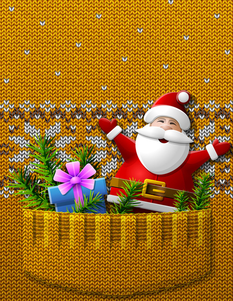 Άγιος Βασίλης, δώρο, πεύκο κλαδάκια σε πλεκτά τσέπη - Διάνυσμα, εικόνα