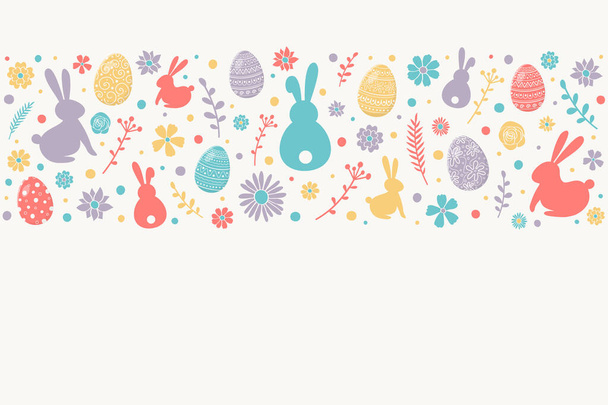 Composizione di uova decorative, coniglietti e fiori. Colorato sfondo pasquale con copyspace. Vettore
 - Vettoriali, immagini