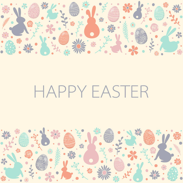 Cute bunnies, eggs and flowers on background with Happy Easter wishes. Vector - Вектор,изображение