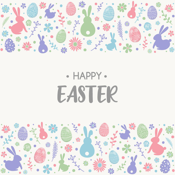 Concept of Easter greeting card with colourful bunnies, eggs and flowers. Vector - Vecteur, image