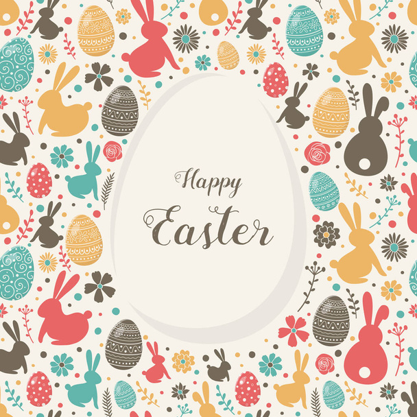 Happy Easter. Greeting card with decorative eggs, bunnies and flowers on white background. Vector - Vektor, kép