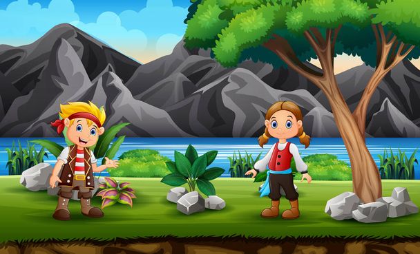 Pirate boy and girl in the nature background - Vector, Image