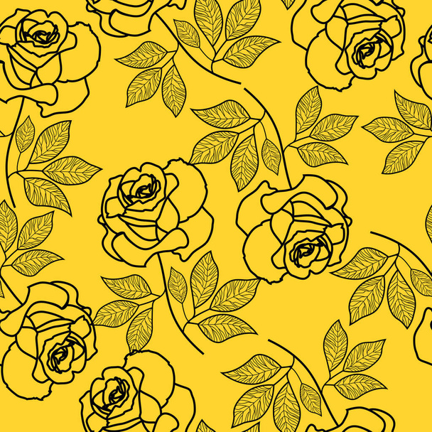 Vector seamless pattern with contour lines black abstract flowers on yellow background for textile, wallpaper - Vektör, Görsel