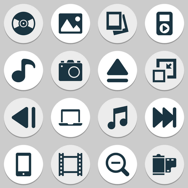 Multimedia icons set with smartphone, vinyl, video and other photo elements. Isolated vector illustration multimedia icons. - Vector, afbeelding