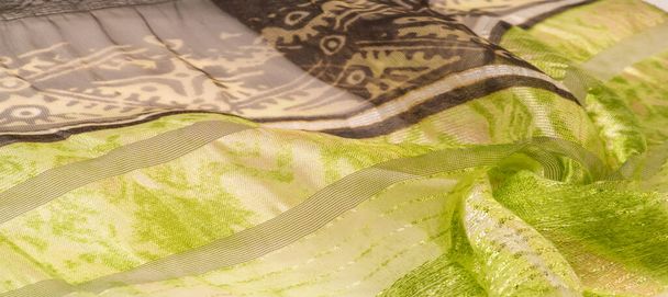 Textura, vzor, pozadí, kolekce, hedvábná tkanina, samičí jemná šála, zelená-hnědá barva, abstraktní potisk, vynikající design. - Fotografie, Obrázek