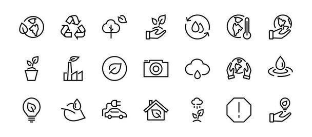Set van pictogrammen op het thema Ecologie, vectorlijnen, bevat pictogrammen zoals elektrische auto, opwarming van de aarde, bos, eco, besproeiing planten en nog veel meer. Aanpasbare slag, Witte achtergrond - Vector, afbeelding