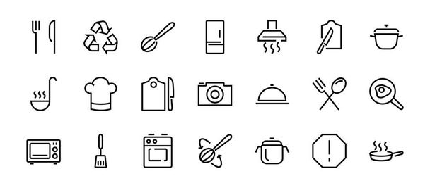 Állítsa be a főzés és konyha ikonok, Vektor vonalak, tartalmaz ikonok, mint a serpenyő sütés, sütés, mikrohullámú sütő, villa kanállal, szerkeszthető stroke, tökéletes 480x480 pixel, fehér háttér - Vektor, kép