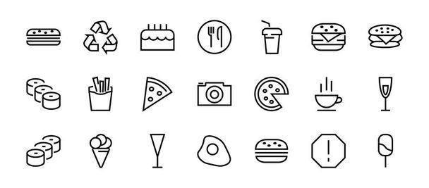 Um conjunto simples de ícones de fast food relacionados à linha vetorial. Contém ícones como pizza, hambúrguer, sushi, bicicleta, ovos mexidos e muito mais. AVC EDITÁVEL. 480x480 pixels perfeito, EPS 10. - Vetor, Imagem