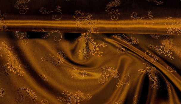 Υφή μοτίβο φόντο Κίτρινο μουστάρδα καφέ σιφόν ύφασμα με paisley εκτύπωση υψηλής ποιότητας καθαρό μετάξι σιφόν ύφασμα φωτεινό όμορφο συνδυασμό χρωμάτων Αυτό το ύφασμα είναι κατάλληλο για το σχεδιασμό ταπετσαρία - Φωτογραφία, εικόνα