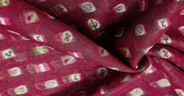 Textura, fondo, patrón, tela de seda roja, tejido delicado, bufanda de impresión de verificación, diseño, tejido calado - Foto, Imagen