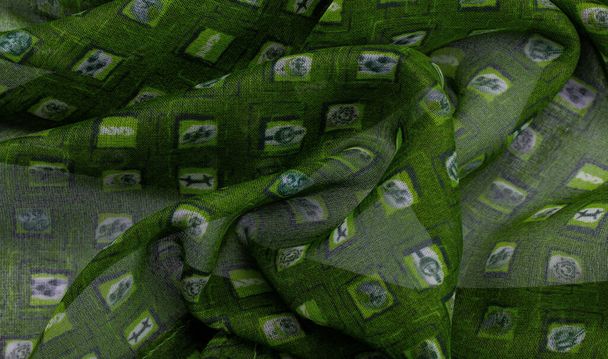 Textura, fundo, padrão, tecido de seda verde, tecelagem delicada, cheque imprimir cachecol fantasia, design, tecelagem openwork - Foto, Imagem