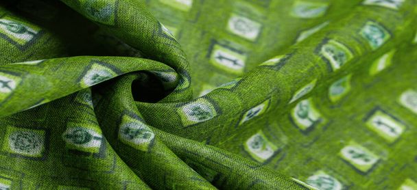 Textura, fondo, patrón, tela de seda verde, tejido delicado, bufanda de fantasía de impresión de cheque, diseño, tejido calado - Foto, Imagen