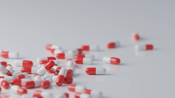 Red and white pills on white background. Pharmaceutical industry, medical treatment, presciption drugs concept. Digital 3D render. - Photo, Image