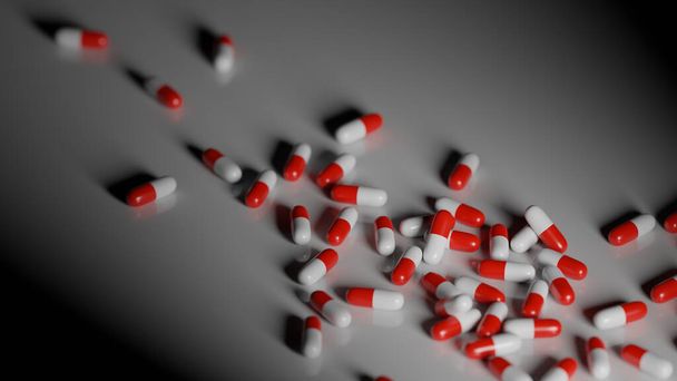 Pillole rosse e bianche su sfondo bianco. Concetto di dipendenza da farmaci, industria farmaceutica. Rendering digitale 3D
. - Foto, immagini