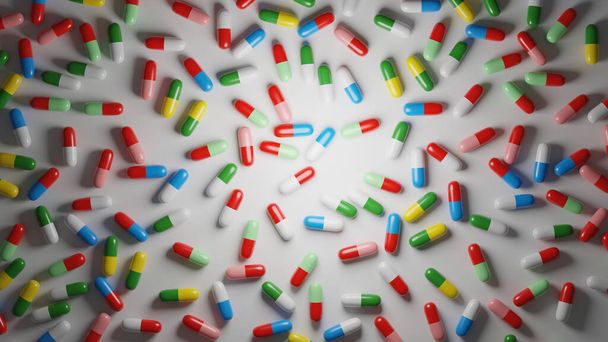 Разноцветные таблетки на белом фоне. Медицинское лечение, концепция фармацевтической промышленности. Цифровой 3D рендер
. - Фото, изображение