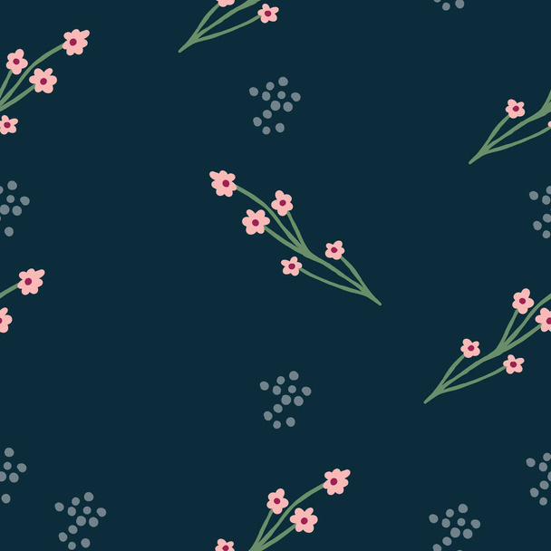 Herhaal bloemenpatroon. Navy Blue achtergrond. Roze eenvoudige bloemen. Naadloos bloemenpatroon. Stijlvolle herhalende textuur. Herhalende textuur.  - Vector, afbeelding
