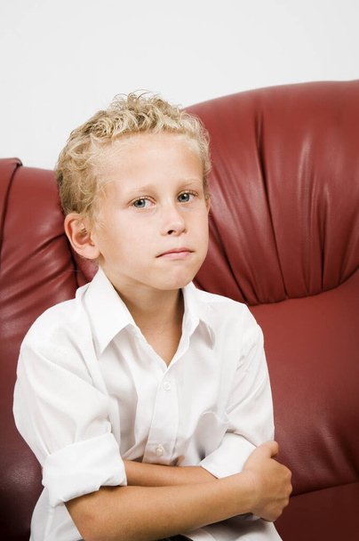 Portrait torse d'un garçon bouclé blonde de sept ans sur un canapé en cuir marron sur fond blanc
 - Photo, image