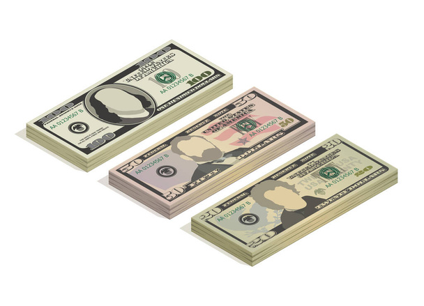 Stacks of hundred dollars, fifty dollars and twenty dollar bills. Paper money, pile of 100, 50 and 20 US dollars banknotes, isometric view. Vector illustration isolated on white background - Vektör, Görsel