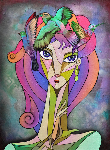 Cubist girl portrait painting modern deco design - Photo, Image