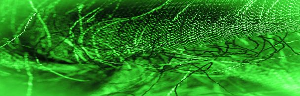 Textura de fondo, adorno decorativo, tela de seda verde, hilos tejidos en la tela, efecto esponjoso, sensación, apariencia o textura de la superficie - Foto, Imagen