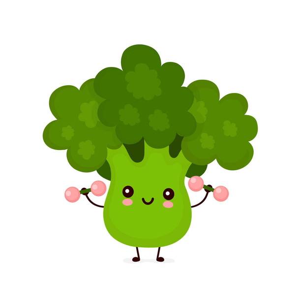 Cute happy broccoli vegetable with dumbells - Vector, Image