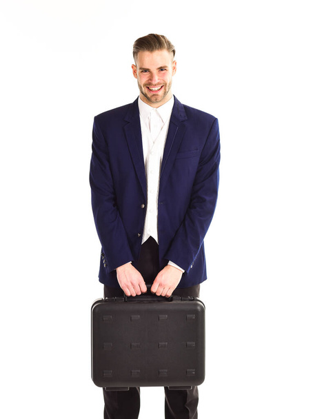 Man in suit or businessman with smiling face holds briefcase - Fotó, kép