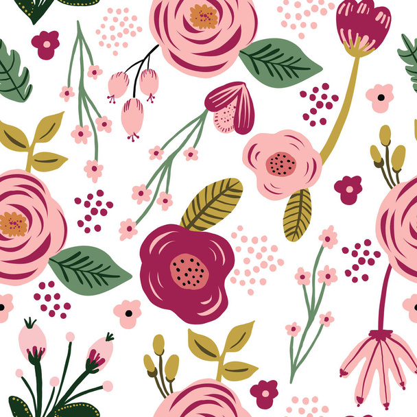 Seamless pink flower floral leaf pattern. Stylish repeating texture. Repeating texture. - Вектор,изображение