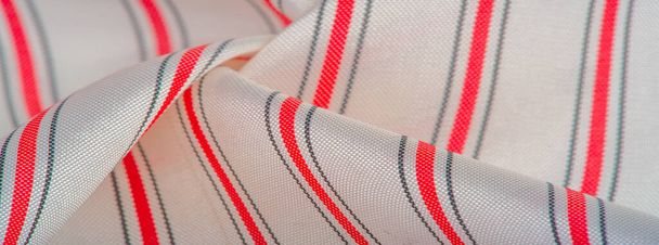 motif texturé, textile composite, tissu de soie dense, blanc avec des lignes rouges et grises, trait sur tissu, bande étroite. trait, ligne, trait, tiret, trace, - Photo, image