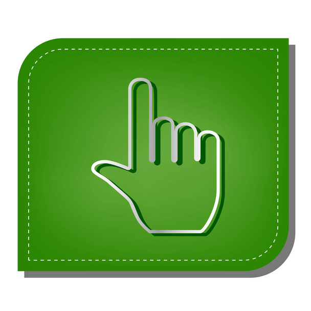Hand sign illustration. Silver gradient line icon with dark green shadow at ecological patched green leaf. - Vector, Image