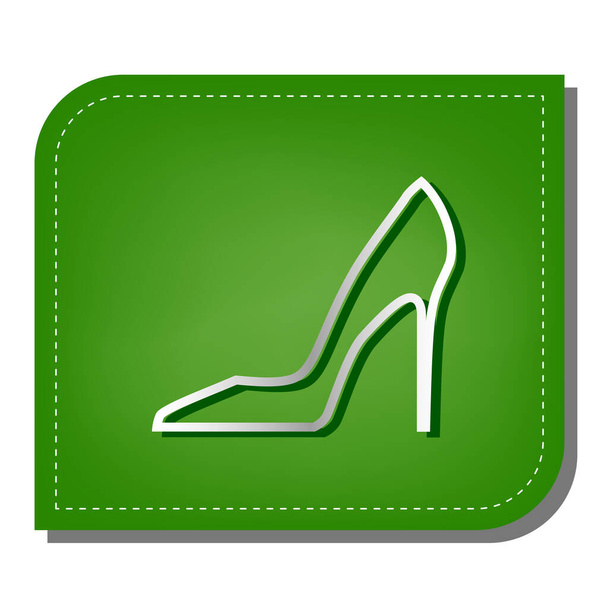 Vrouwenschoenbord. Zilveren gradiënt pictogram met donkergroene schaduw op ecologisch gepatcht groen blad. - Vector, afbeelding