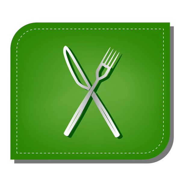Fork and Knife sign. Silver gradient line icon with dark green shadow at ecological patched green leaf. - Vektor, obrázek