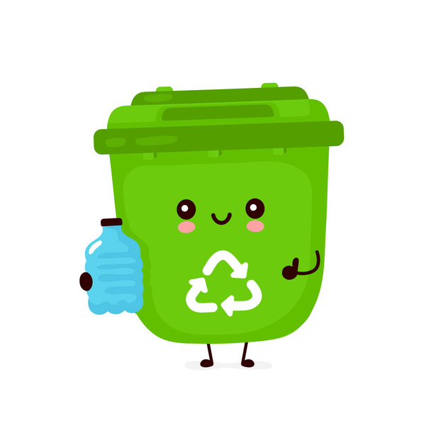 Милый счастливый мусорный бак с пластиковой бутылкой
 - Вектор,изображение