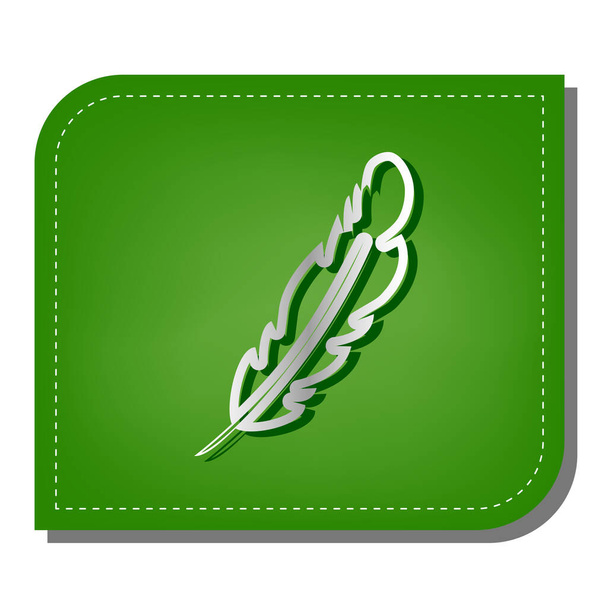 Feather sign illustration. Silver gradient line icon with dark green shadow at ecological patched green leaf. - Vector, Image