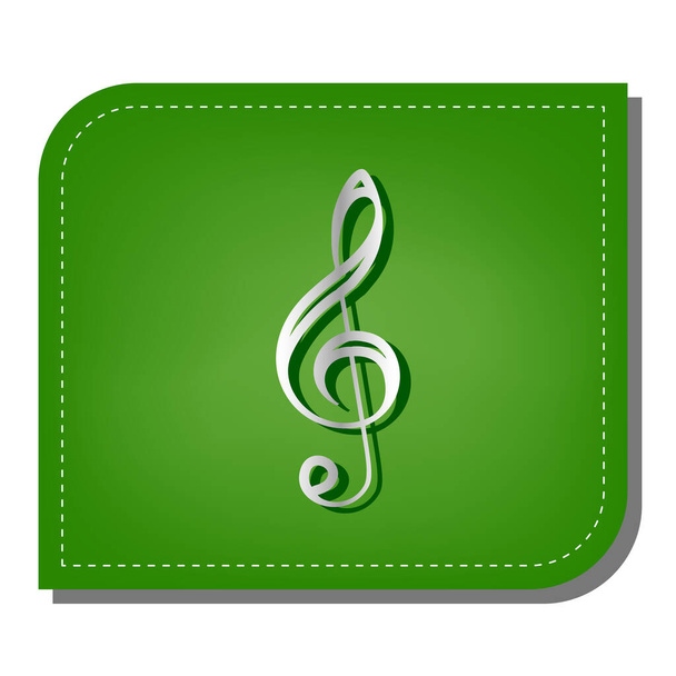 Hudební houslová cedule. G-clef. Trojitý klíč. Stříbrný gradient čára ikona s tmavě zeleným stínem na ekologických záplatovaných zelených lístků. - Vektor, obrázek
