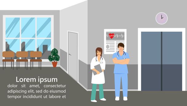 Medizinische Themen.Landing Page. Illustration von Ärzten in einer modernen Klinik. - Vektor, Bild
