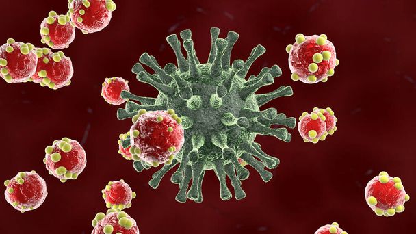 3D weergave van meerdere rode antilichamen die het coronavirus aanvallen. Het idee van het immuunsysteem. Illustratie voor leerboeken en trainingsmateriaal. Achtergrondbeeld van medische proefpersonen. - Foto, afbeelding