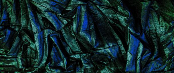 texture. background. pattern. wallpaper. black silk fabric with blue emerald stripes, wrinkled fabric - Zdjęcie, obraz