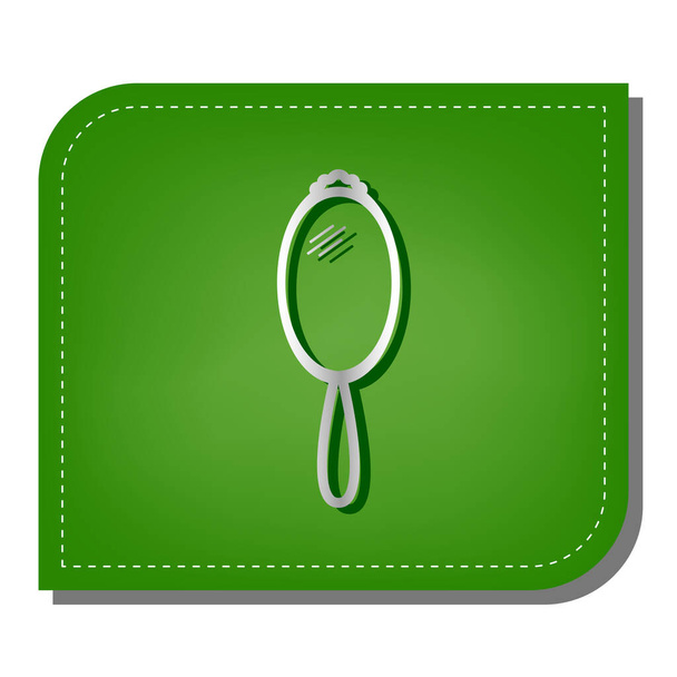 Ruční zrcadlo. Stříbrný gradient čára ikona s tmavě zeleným stínem na ekologických záplatovaných zelených lístků. - Vektor, obrázek