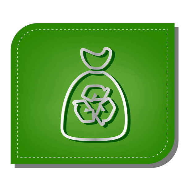 Het icoon van de vuilniszak. Zilveren gradiënt pictogram met donkergroene schaduw op ecologisch gepatcht groen blad. - Vector, afbeelding