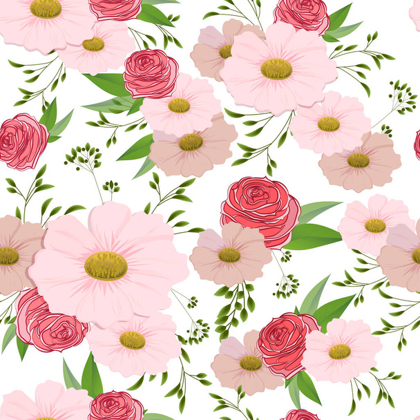 Abstrakte Eleganz, nahtloses Muster mit floralem Hintergrund. Rosen und Kamillen auf weißem Hintergrund. - Vektor, Bild