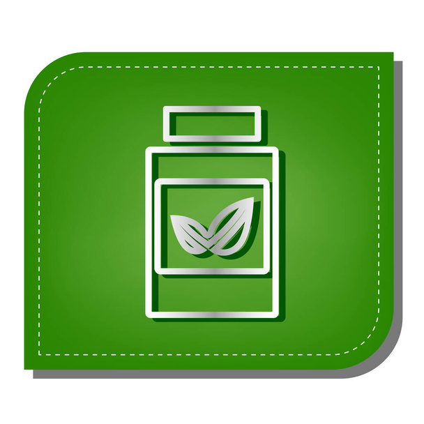 Supplementen container teken. Zilveren gradiënt pictogram met donkergroene schaduw op ecologisch gepatcht groen blad. - Vector, afbeelding