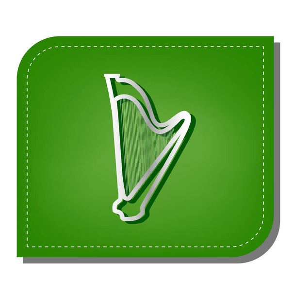 Musical instrument harp sign. Silver gradient line icon with dark green shadow at ecological patched green leaf. - Vector, Image