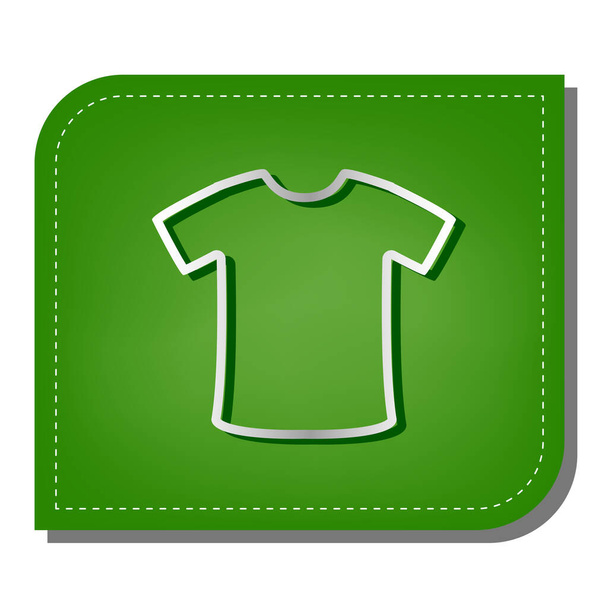 T-Shirt-Zeichen. Silberne Gradientenlinie mit dunkelgrünem Schatten am ökologisch geflickten grünen Blatt. - Vektor, Bild