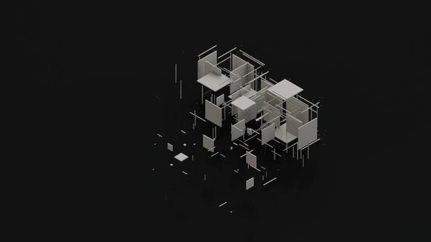 Renderização 3D de um fundo abstrato com elementos de geometria. Cubos e segmentos brancos, polígonos são dispostos na construção de um triângulo impossível. Contexto abstrato, design futurista
. - Foto, Imagem
