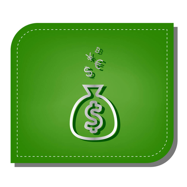 Geld zak teken met valuta symbolen. Zilveren gradiënt pictogram met donkergroene schaduw op ecologisch gepatcht groen blad. - Vector, afbeelding
