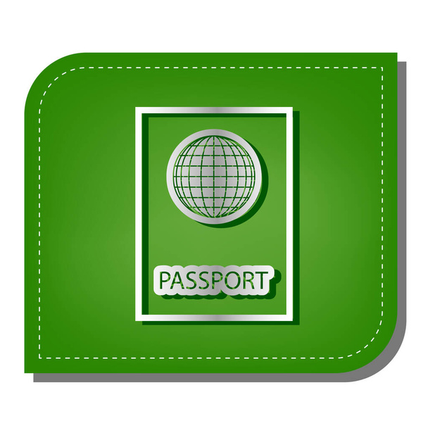 パスポートサインイラスト。生態パッチされた緑の葉で暗い緑の影とシルバーグラデーションラインアイコン. - ベクター画像