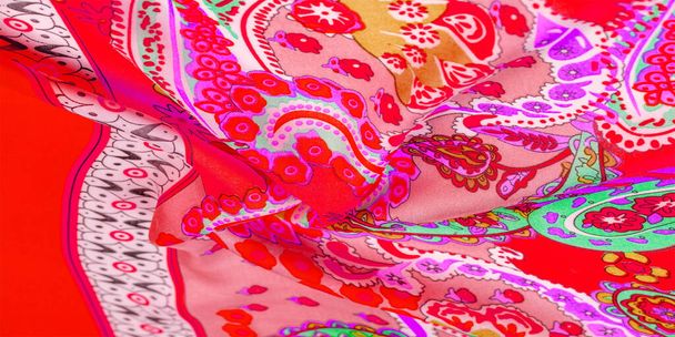 Textura, zázemí, paisley hedvábná tkanina, indická témata zdobené tradiční paisley prvky s etnickými detaily v bohémském tisku, dekorativní tkaniny pro váš design a akcenty projektů, vícebarevné - Fotografie, Obrázek