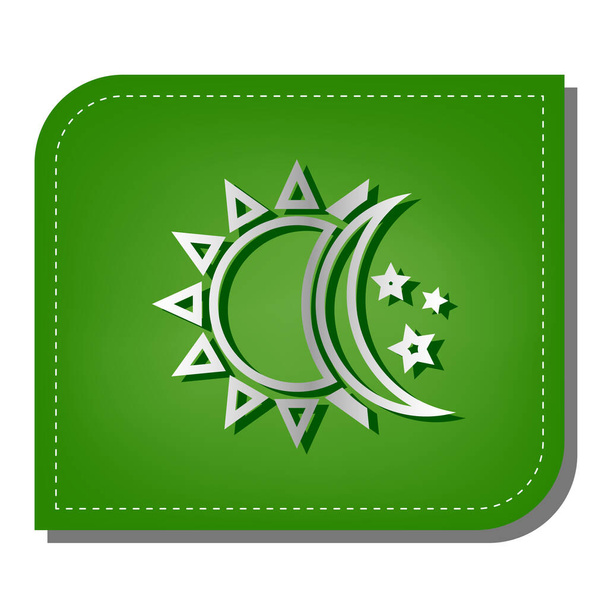 Sun, moon, stars sign. Silver gradient line icon with dark green shadow at ecological patched green leaf. - Vector, Image