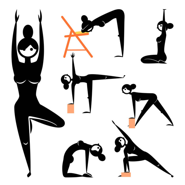 set of characters demonstrating yoga poses cute silhouetted hero girl in different asanas. exercises for healing the body and spirit. isolated vector illustration - Vector, Image