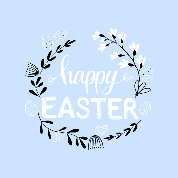Lindo ejemplo de diseño de tarjetas postales de felicitaciones de Pascua para el festival de Pascua. corona de hierbas de primavera y flores sobre un fondo azul. inscripción feliz Pascua vector ilustración
 - Vector, imagen